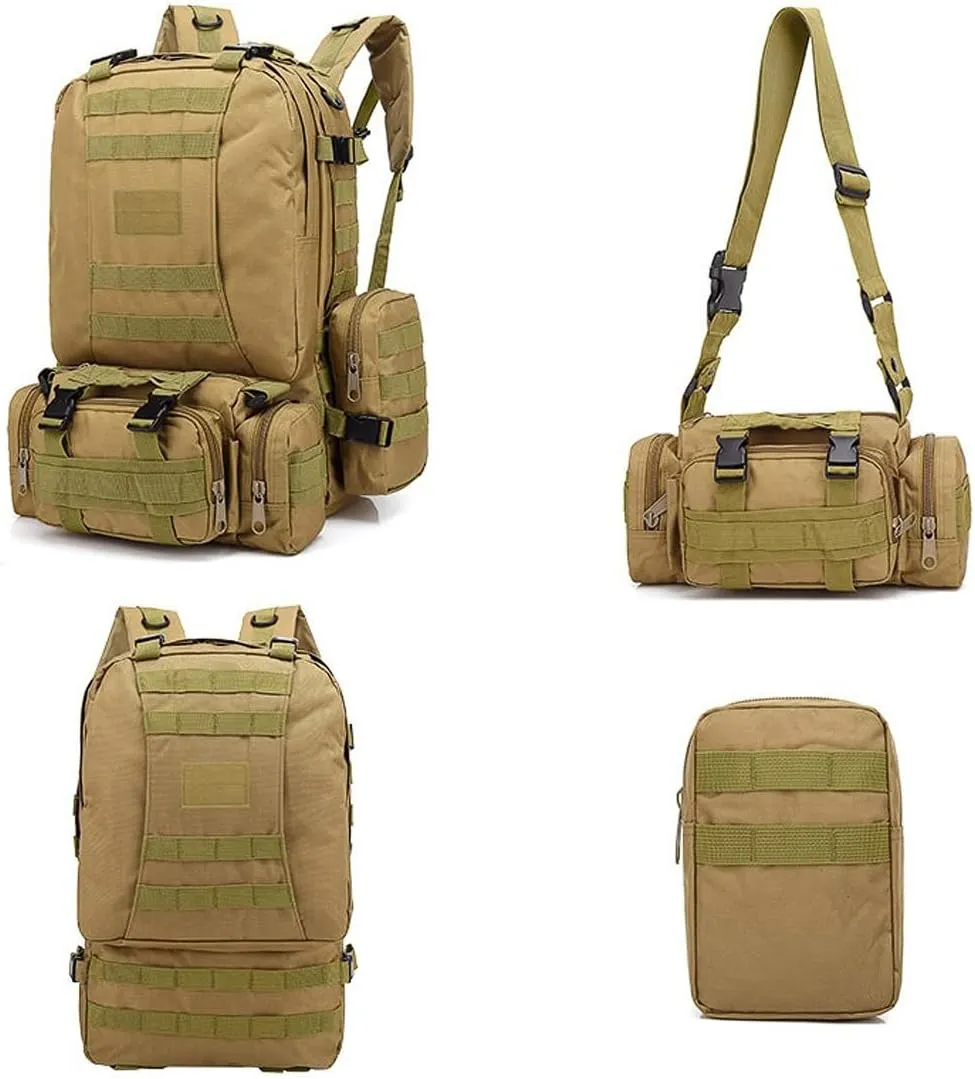 Tactical Backpack Military Army Rucksack 60L Large Assault Pack Camping Detachable Molle Bag (Black CP)