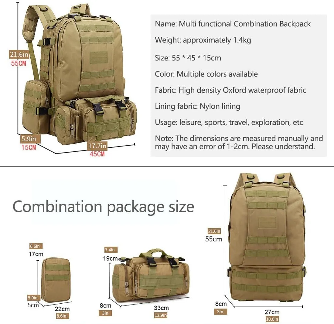 Tactical Backpack Military Army Rucksack 60L Large Assault Pack Camping Detachable Molle Bag (Black CP)