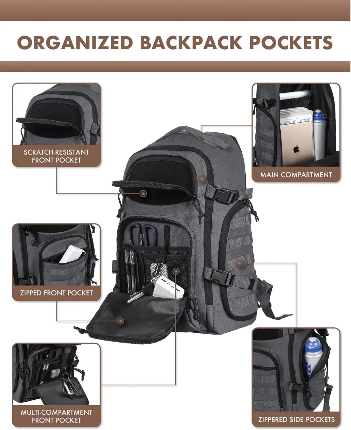 Tactical Laptop Backpack Military Backpack for Men - Grey