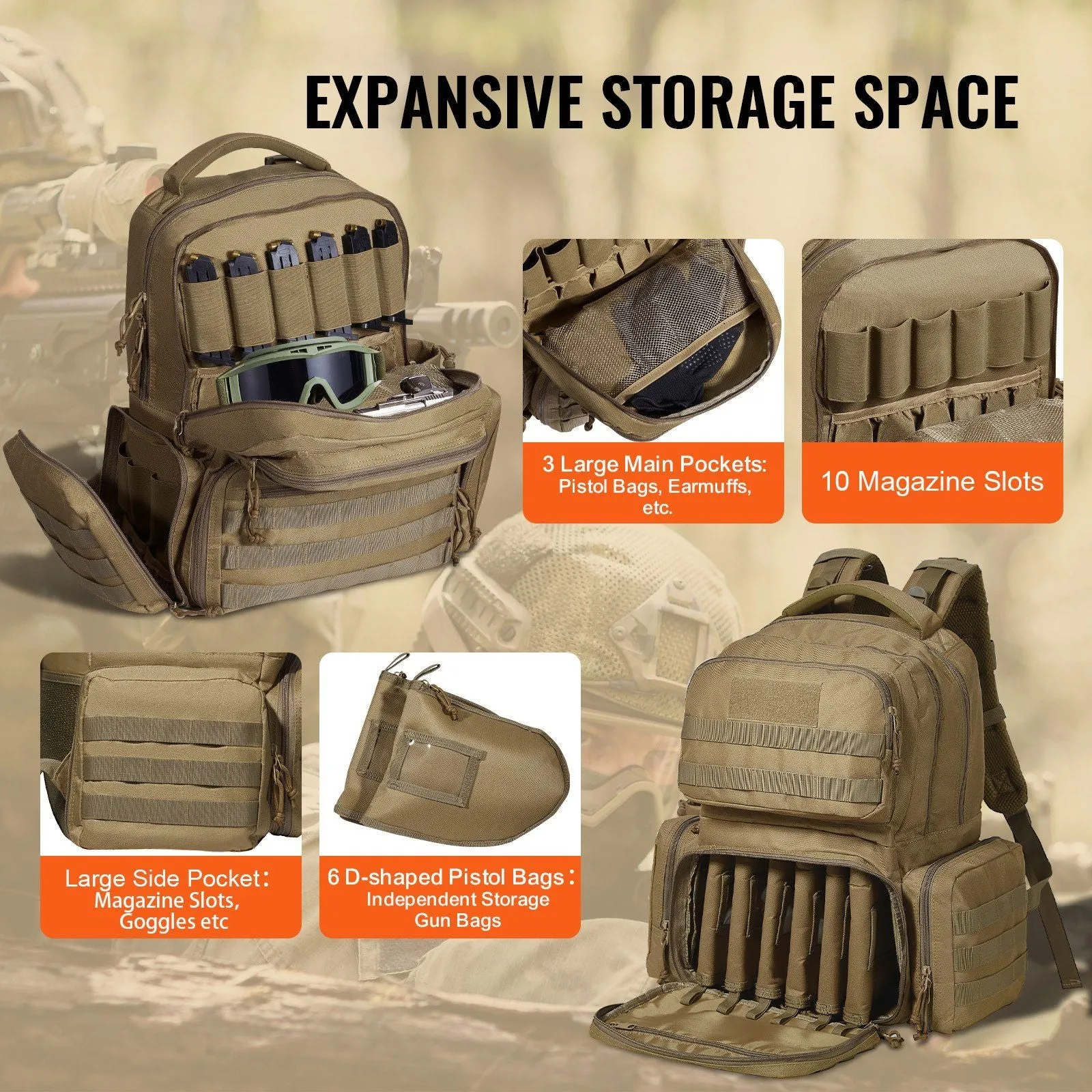 Tactical Range Backpack - 6 Pistol Backpack - Tan