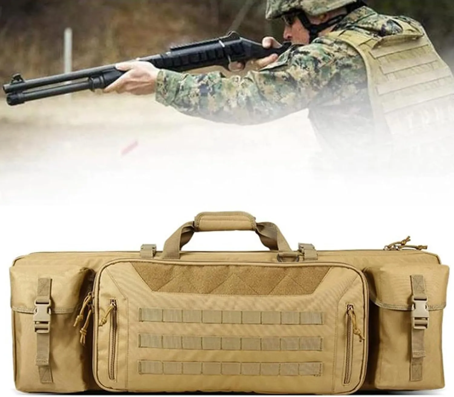 Tactical Rifle Gun Case, Soft Shotgun Carrying Range Bag with 2 Pouches, with Lockable Zipper and Backpack Strap, Perfect for Indoor/Outdoor Shooting
