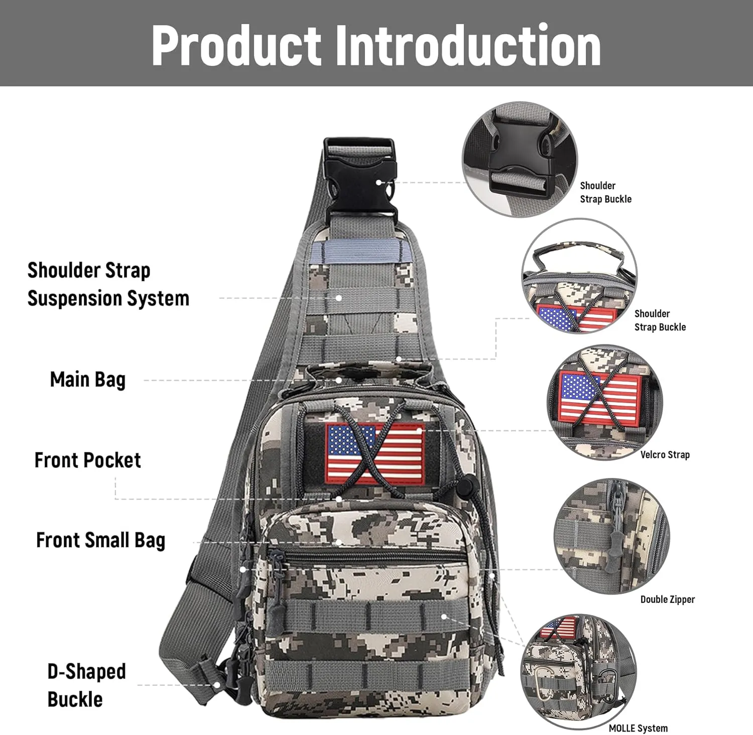 Tactical Shoulder Sling Bag, Small Shoulder Bag for Men, Outdoor Crossbody Backpack Tactical Chest Bag for Every Day Carry (Gray)