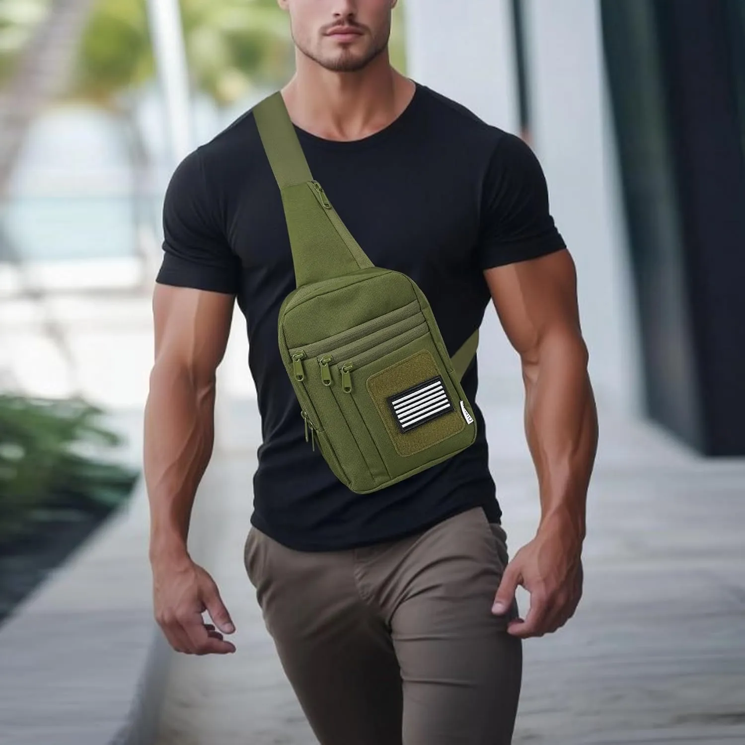 Tactical Sling Bag For Men Military Concealed Carry Fanny Pack With Secure Chest Holster Crossbody Bag Shoulder Bag For Range, Travel, Hiking, Outdoor Sports Green