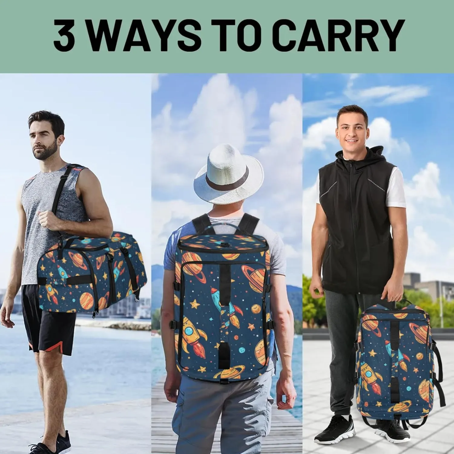 Tactical Sports Duffle Bag for Travel Waterproof Gym Bag with Shoe Compartment 48L Carry On Luggage for Men & Women 3-in-1 Durable Travel Luggage Rocket Space Planet