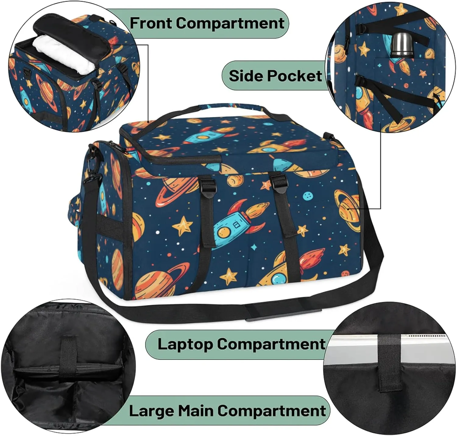 Tactical Sports Duffle Bag for Travel Waterproof Gym Bag with Shoe Compartment 48L Carry On Luggage for Men & Women 3-in-1 Durable Travel Luggage Rocket Space Planet