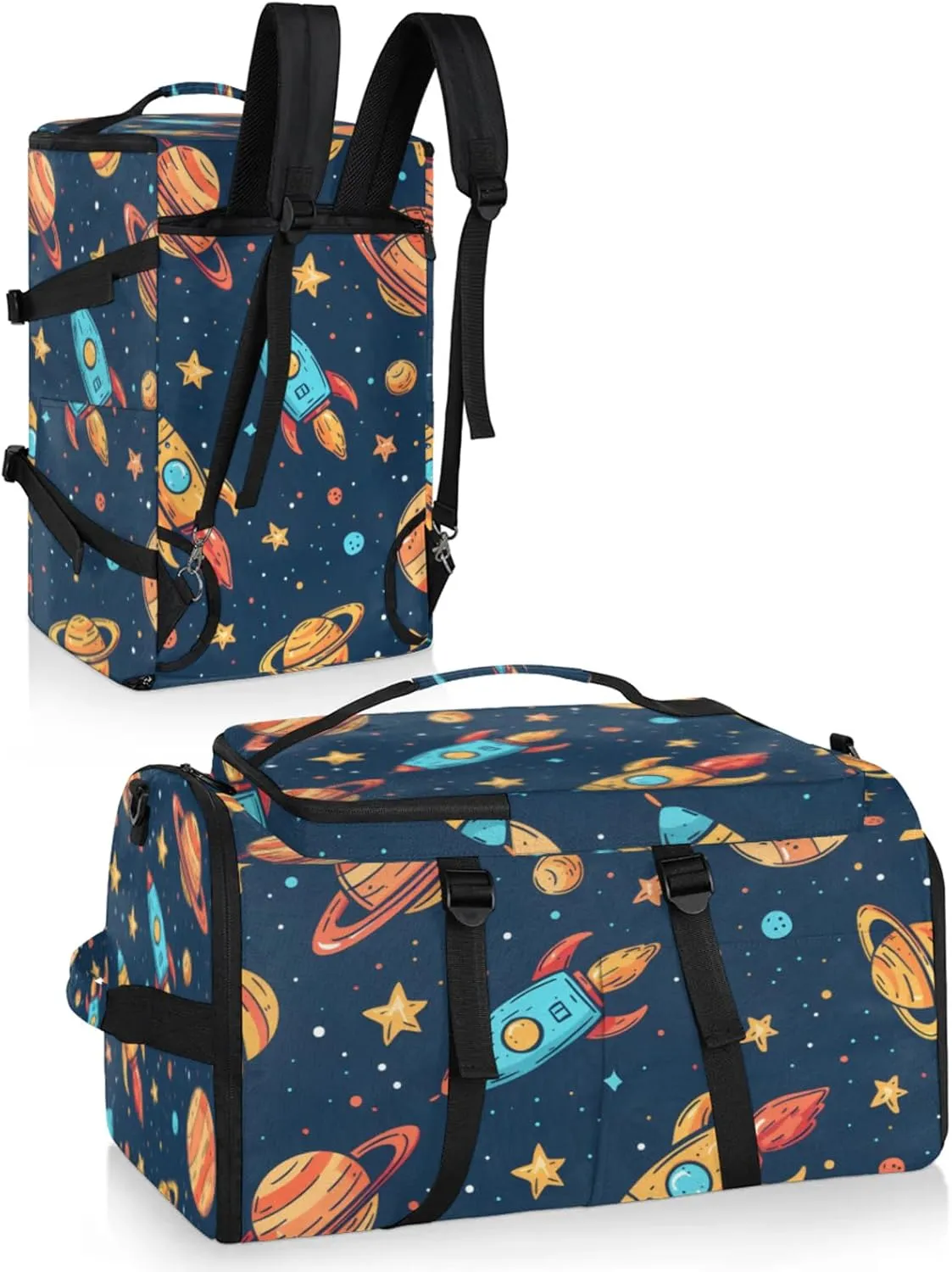 Tactical Sports Duffle Bag for Travel Waterproof Gym Bag with Shoe Compartment 48L Carry On Luggage for Men & Women 3-in-1 Durable Travel Luggage Rocket Space Planet