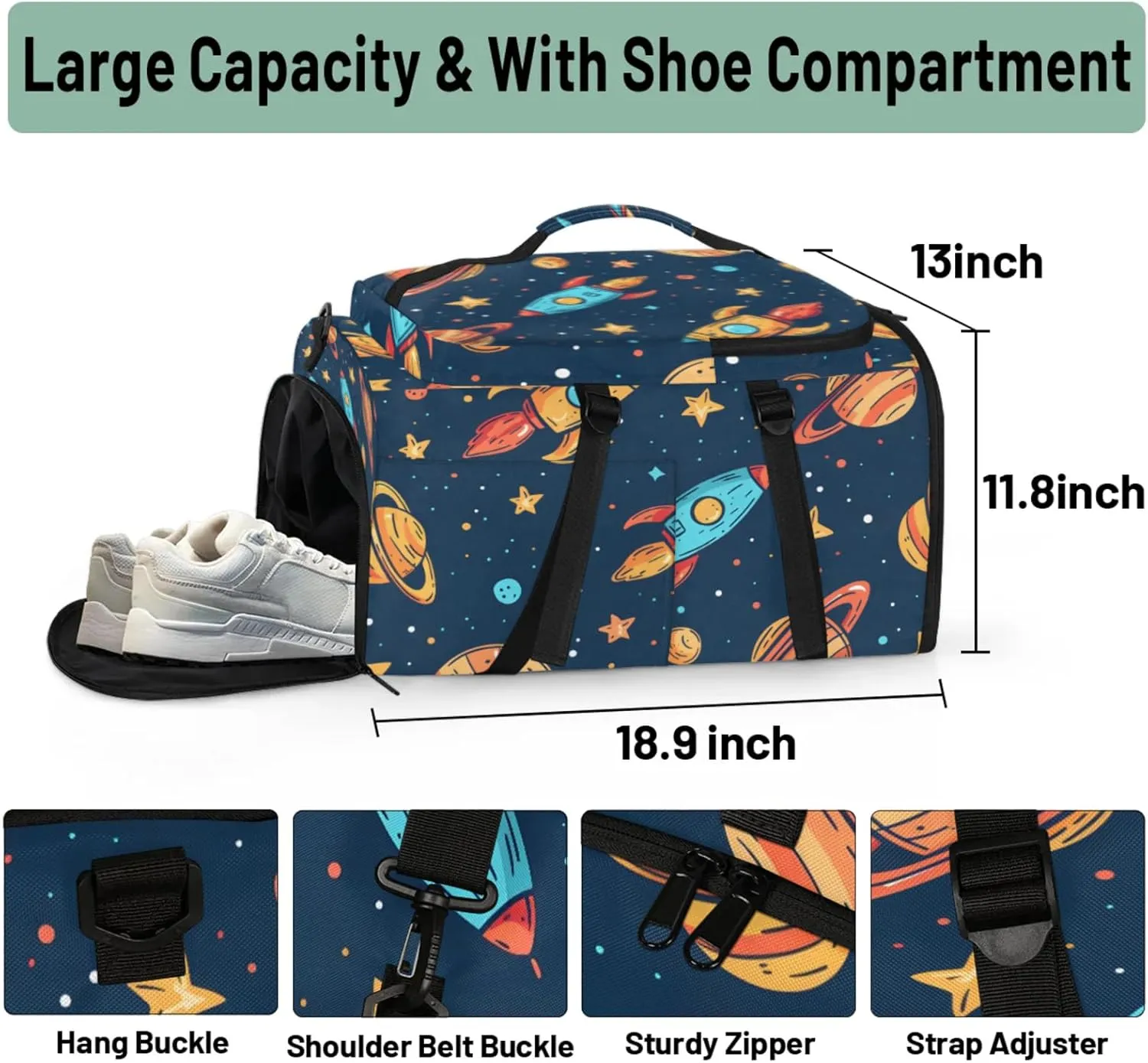 Tactical Sports Duffle Bag for Travel Waterproof Gym Bag with Shoe Compartment 48L Carry On Luggage for Men & Women 3-in-1 Durable Travel Luggage Rocket Space Planet