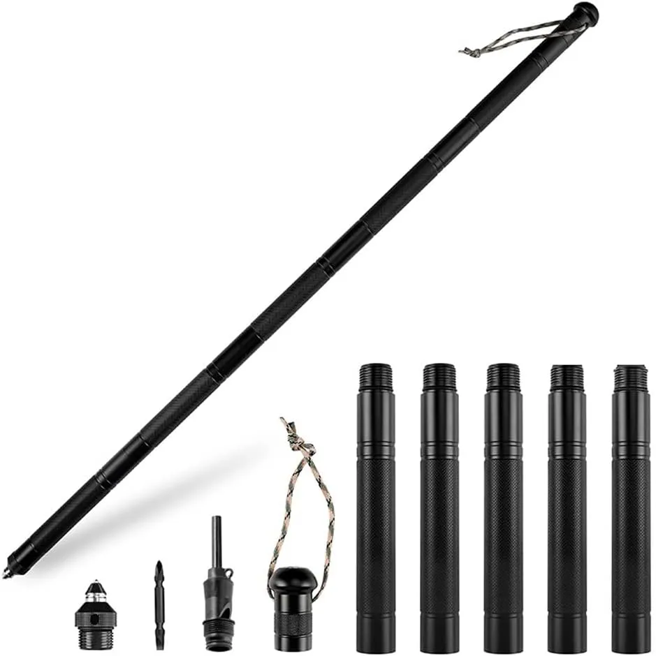 Tactical Walking Sticks Slim Trekking Poles with Multi-Tool Detachable Aluminum Alloy Cane Black