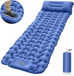TBQATNTS Inflatable Sleeping Pad for Camping, Ultralight Camping Mat with Pillow, Built-in Foot Pump, Comfortable Single and Adult Bed, Suitable for Camping Backpacking Hiking Traveling Tent,Blue