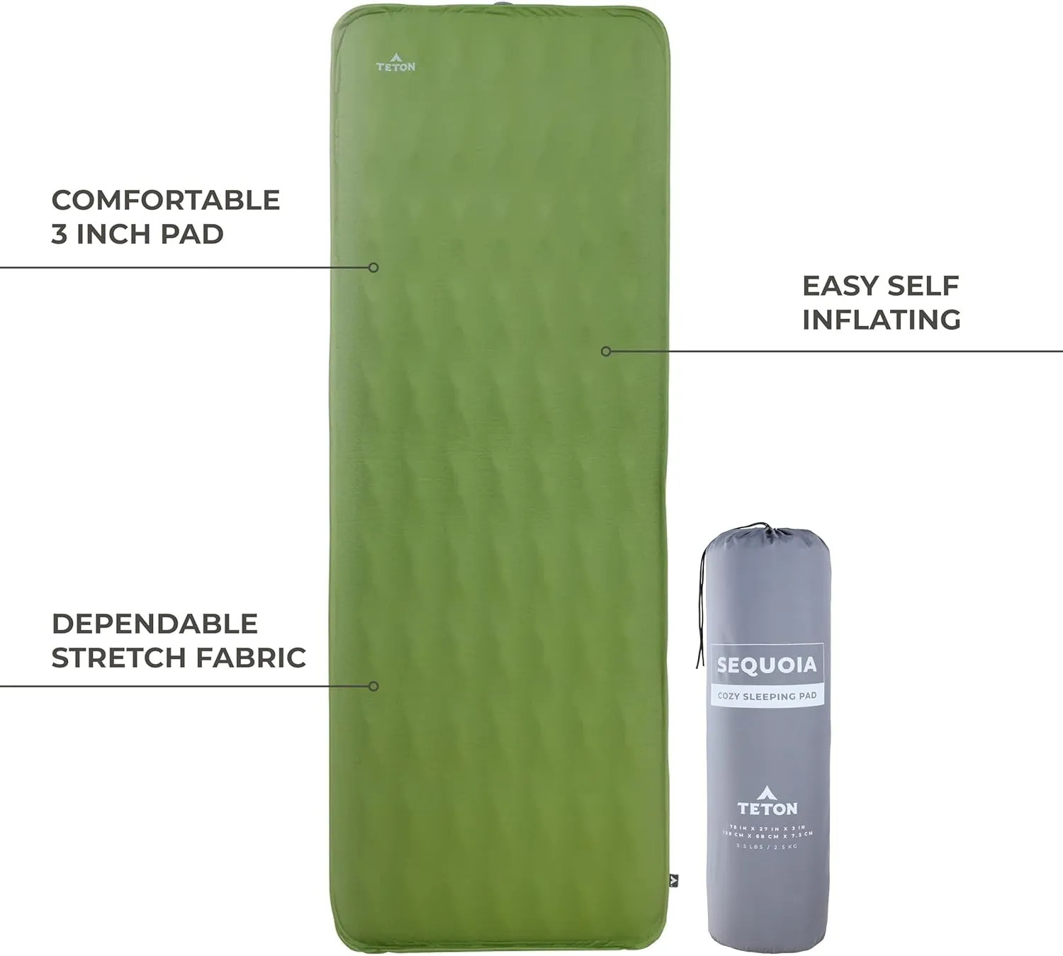 Teton Self Inflating Sleeping Pad, Inflatable Camping Sleeping Pads, Compact Mat for Camping, Backpacking, and Hiking.