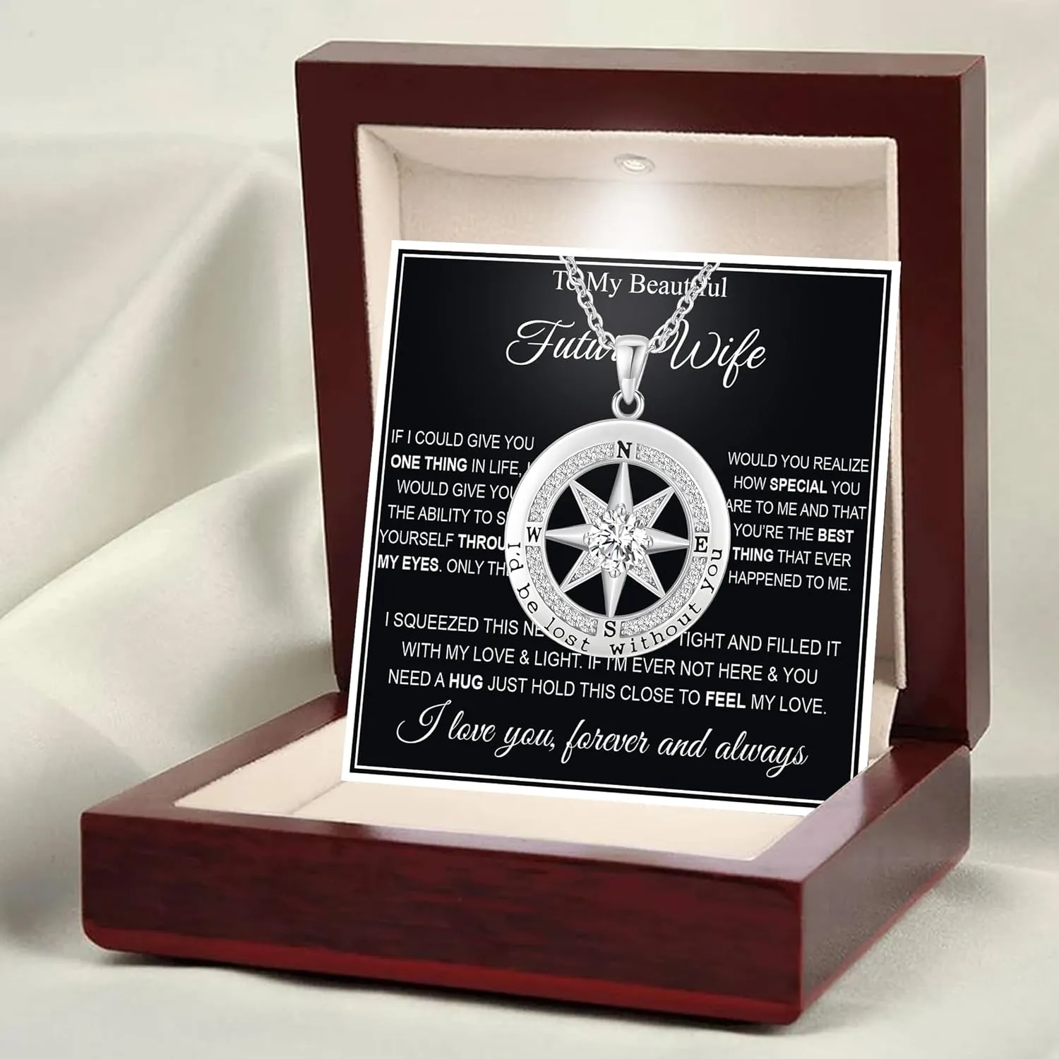To My Wife Necklace From Husband Compass Necklace For Women Soulmate Future Wife Girlfriend Jewelry Birthday Christmas Valentine's Gifts With Message Card & LED Box