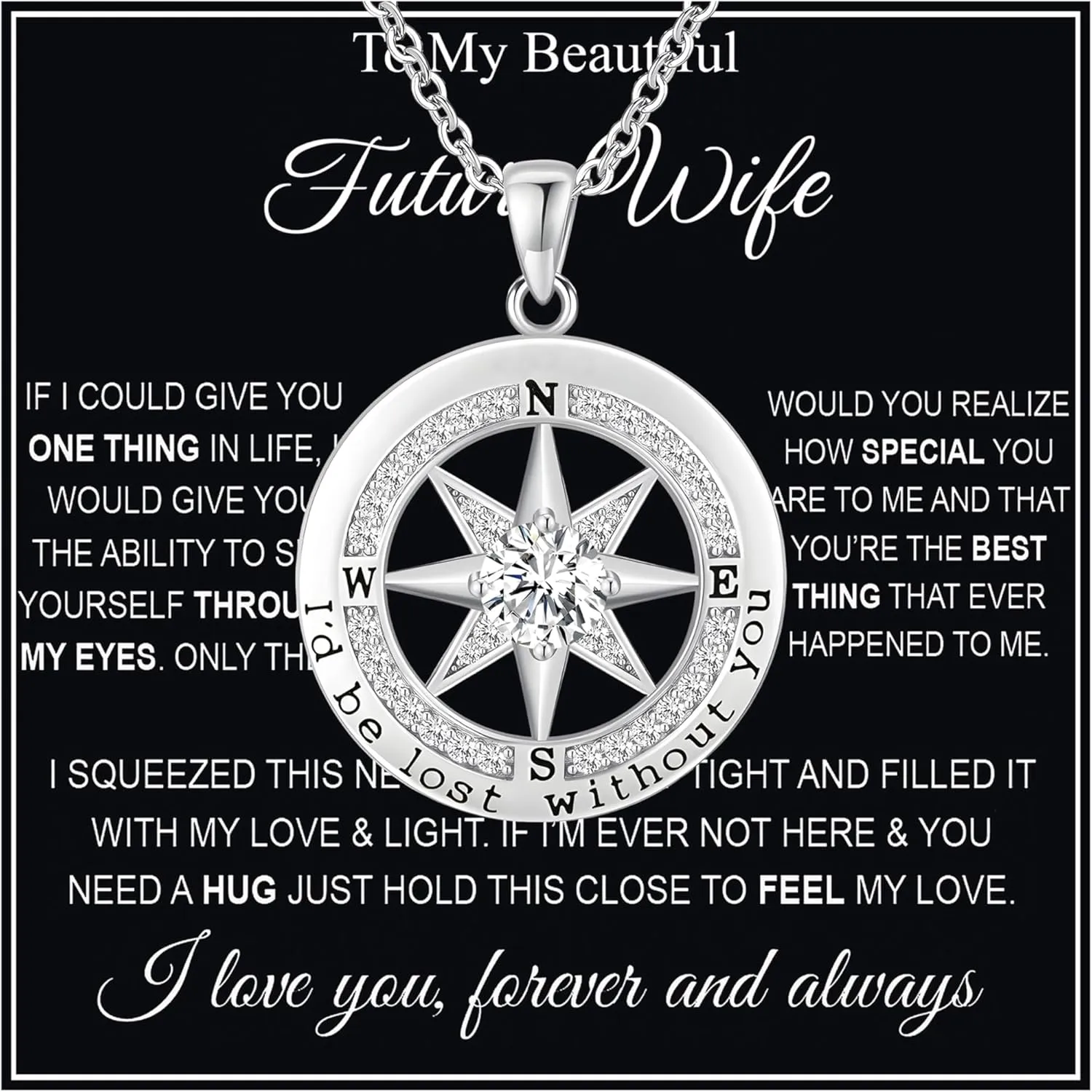 To My Wife Necklace From Husband Compass Necklace For Women Soulmate Future Wife Girlfriend Jewelry Birthday Christmas Valentine's Gifts With Message Card & LED Box