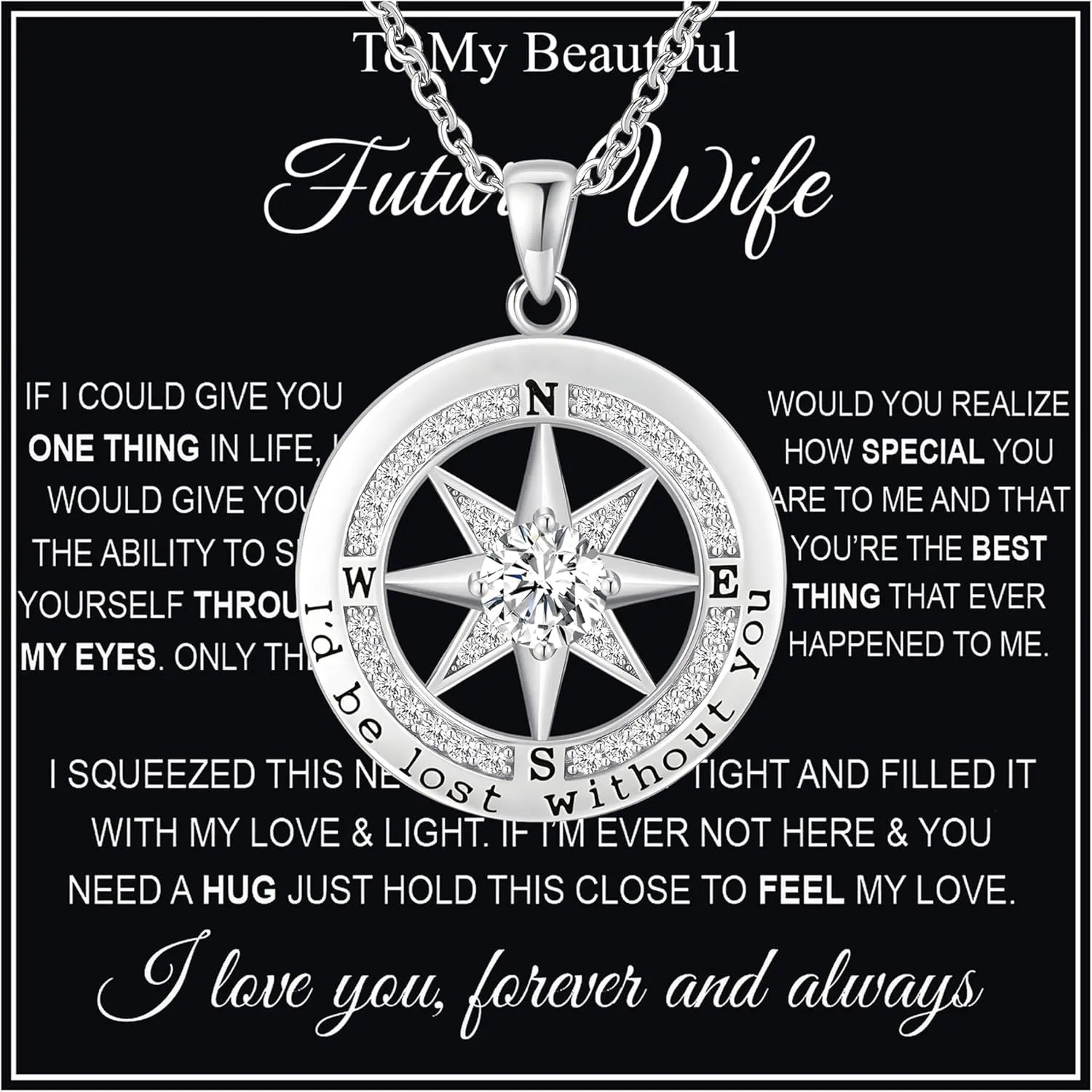 To My Wife Necklace From Husband Compass Necklace For Women Soulmate Future Wife Girlfriend Jewelry Birthday Christmas Valentine's Gifts With Message Card & LED Box