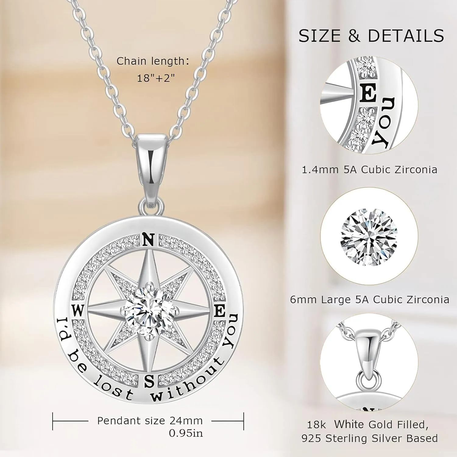 To My Wife Necklace From Husband Compass Necklace For Women Soulmate Future Wife Girlfriend Jewelry Birthday Christmas Valentine's Gifts With Message Card & LED Box