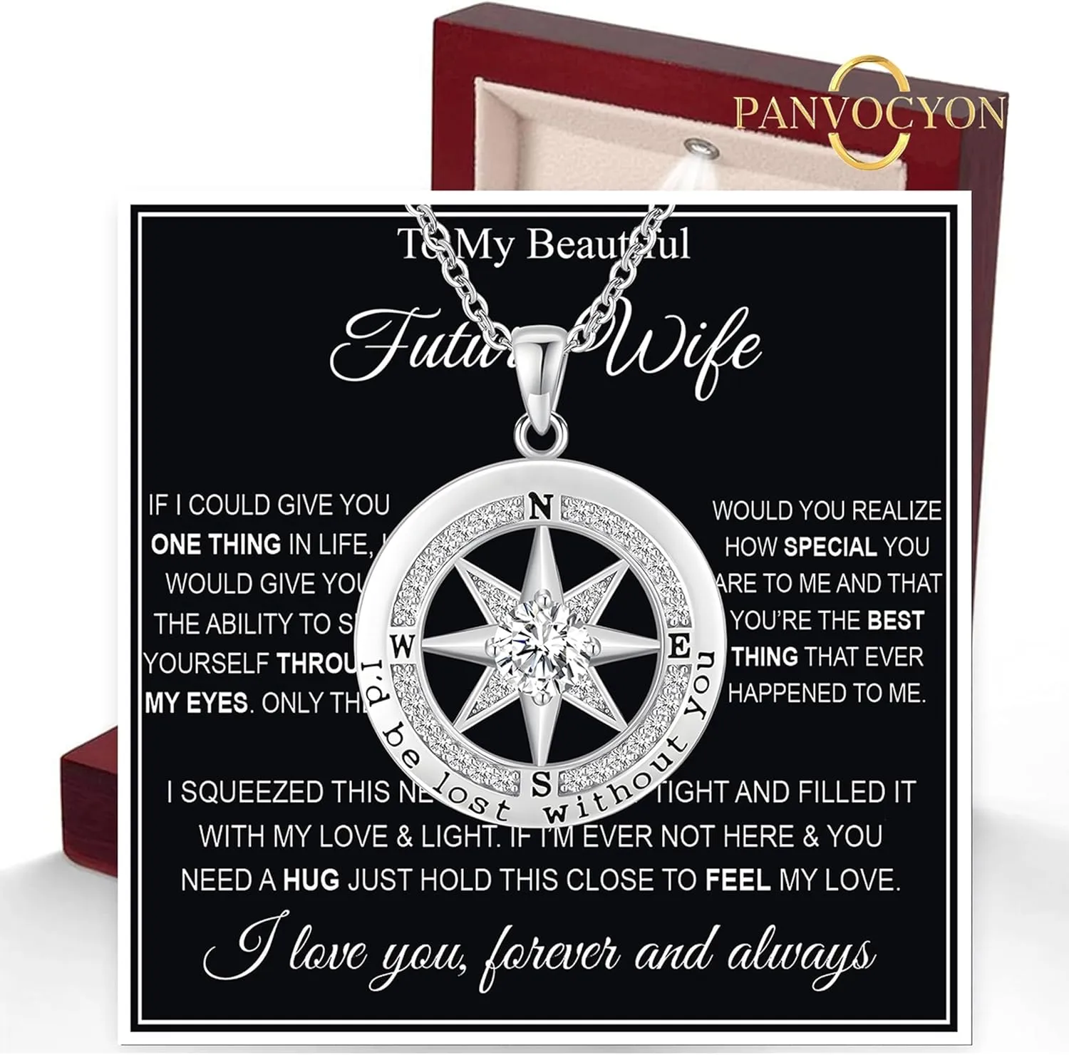 To My Wife Necklace From Husband Compass Necklace For Women Soulmate Future Wife Girlfriend Jewelry Birthday Christmas Valentine's Gifts With Message Card & LED Box
