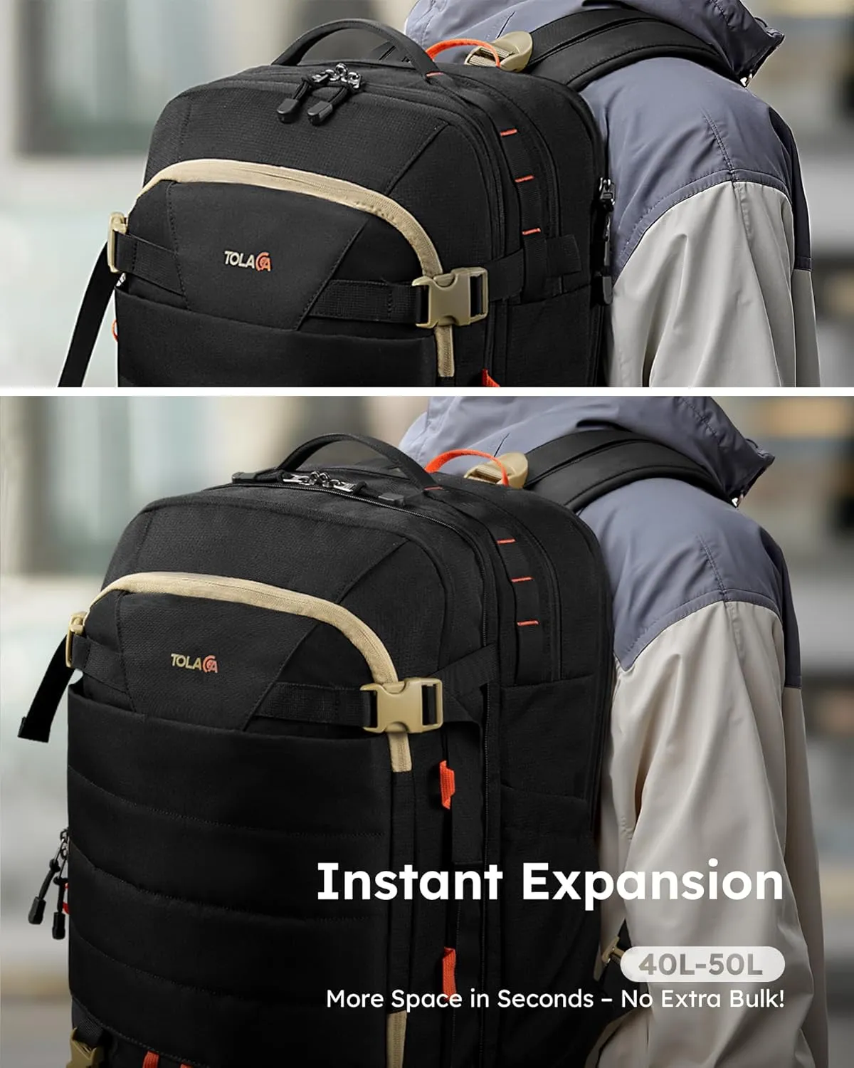 Tolaccea Carry on Travel Backpack, TSA Friendly Flight Approved Laptop Backpack Duffle Bag for Men Women with Dual Laptop Storage for 17.3", USB Charging Port, Business Rucksack 40L-50L Expandable