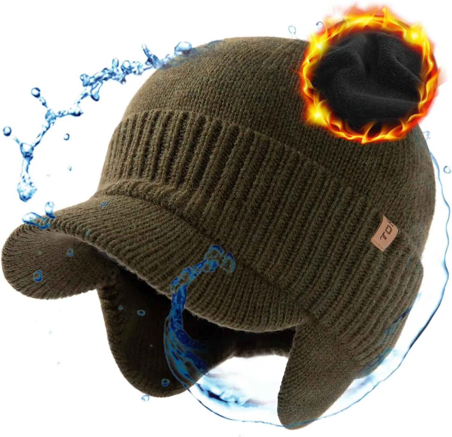 TOP-EX L/XL/XXL Unisex 80% Merino Wool Waterproof Brim Beanie Hats with Ear Flaps Fleece Lined for All Weather