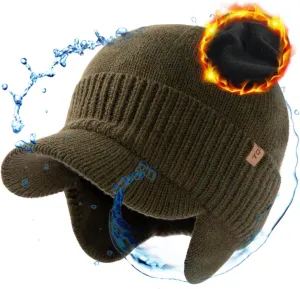 TOP-EX L/XL/XXL Unisex 80% Merino Wool Waterproof Brim Beanie Hats with Ear Flaps Fleece Lined for All Weather