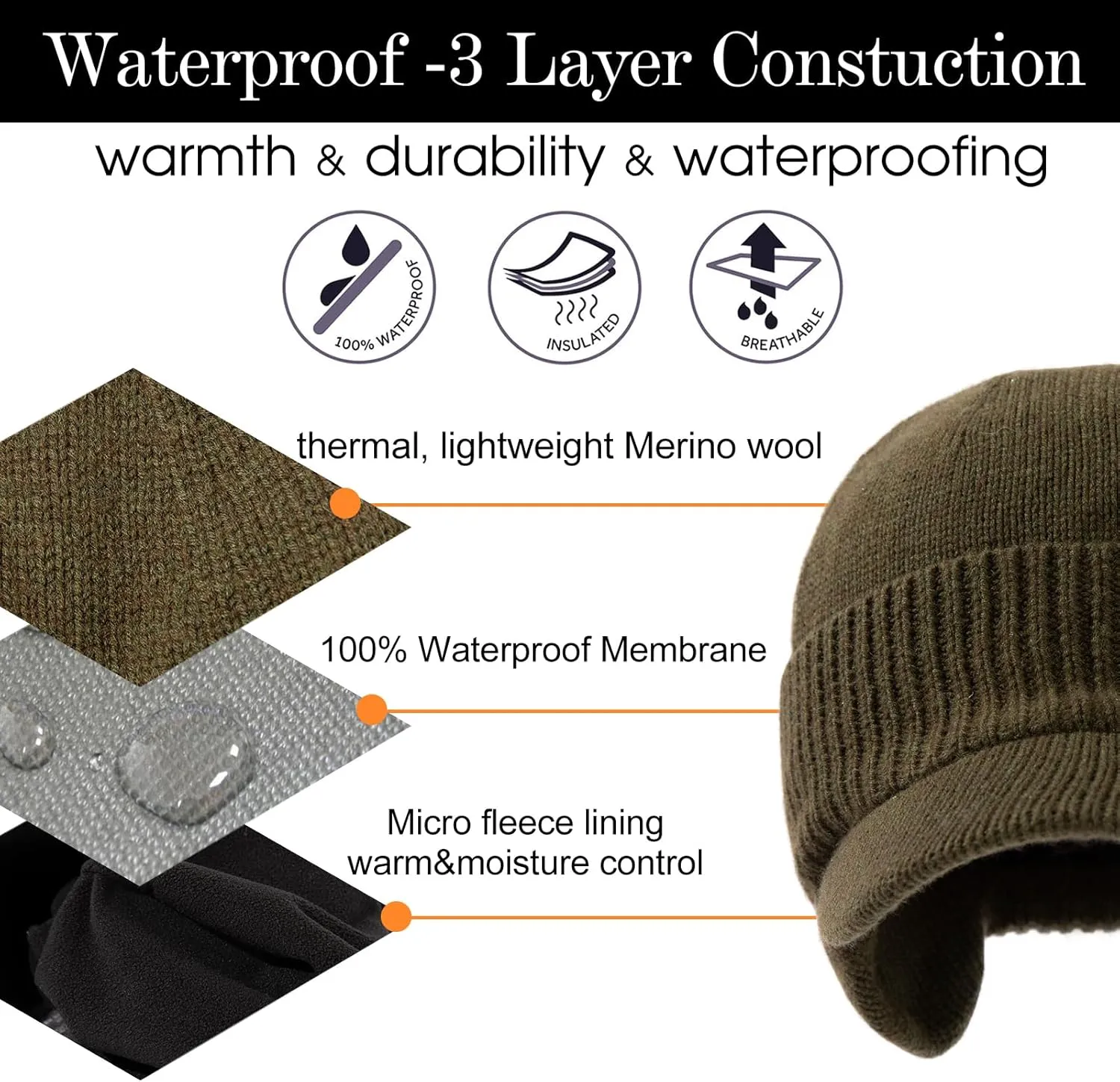 TOP-EX L/XL/XXL Unisex 80% Merino Wool Waterproof Brim Beanie Hats with Ear Flaps Fleece Lined for All Weather