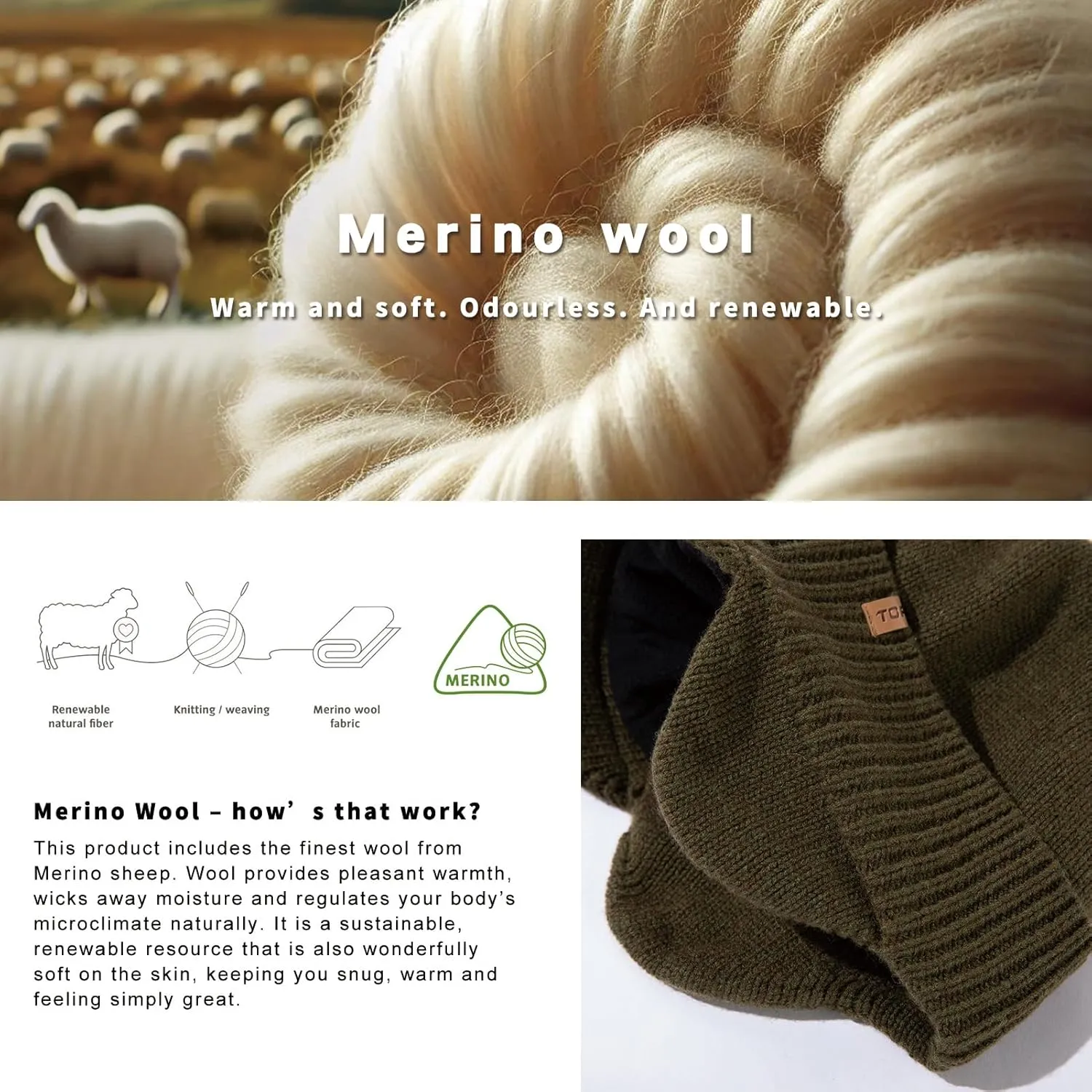 TOP-EX L/XL/XXL Unisex 80% Merino Wool Waterproof Brim Beanie Hats with Ear Flaps Fleece Lined for All Weather