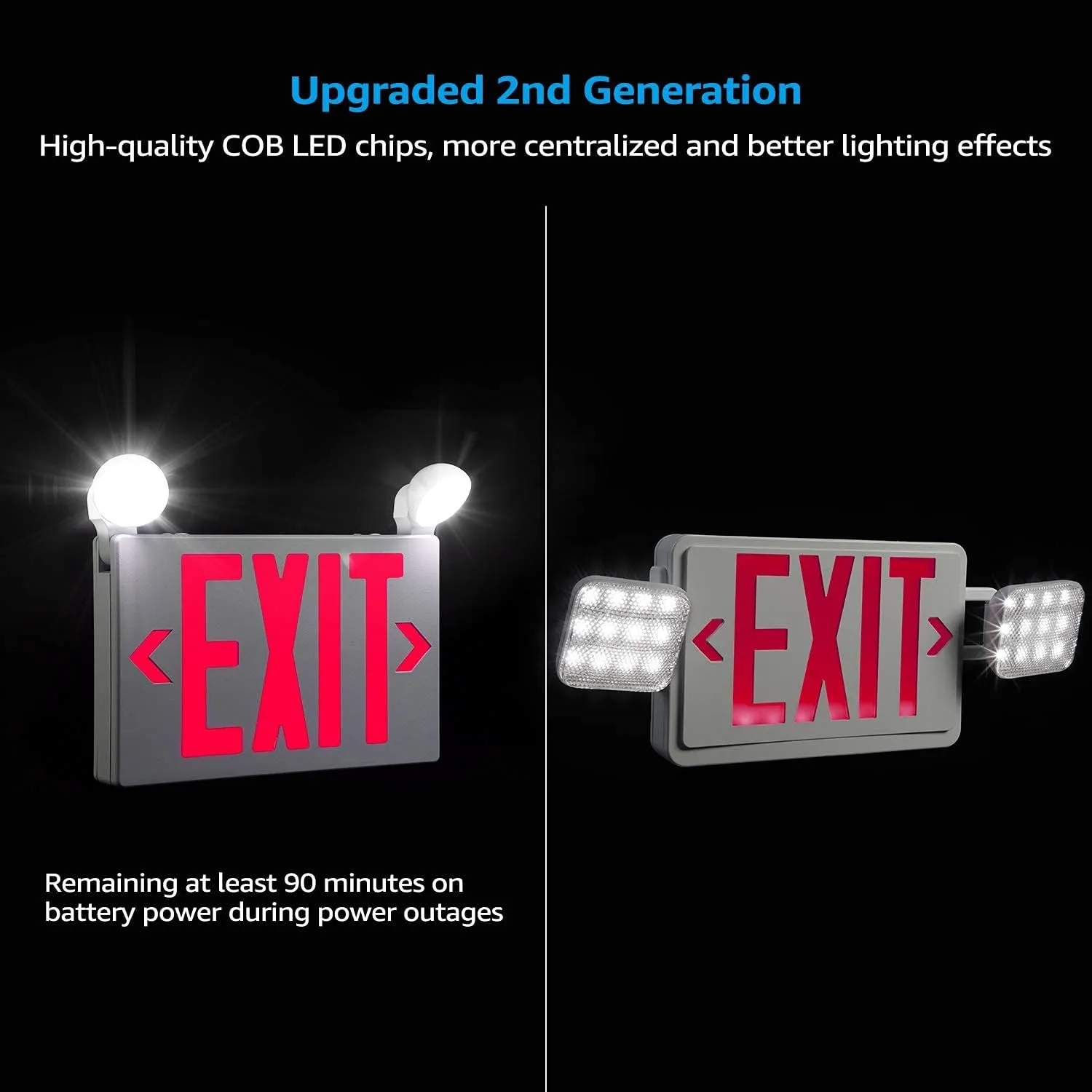 TORCHSTAR Red LED Exit Sign with Emergency Lights, UL 924, Emergency Exit Light with Battery Backup, Adjustable Heads, Fire Exit Sign with Lights, Double Face, AC 120/277V, Damp Location, Pack of 4