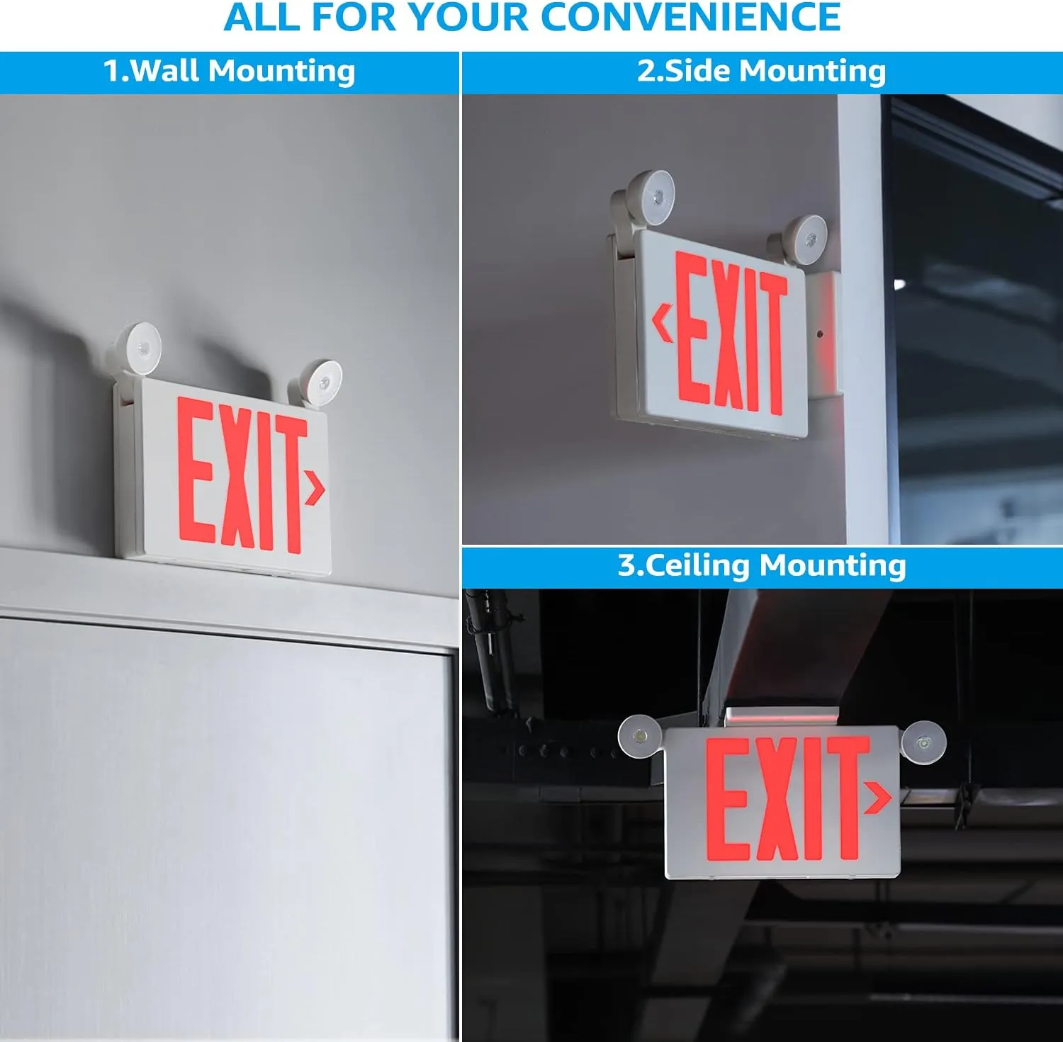 TORCHSTAR Red LED Exit Sign with Emergency Lights, UL 924, Emergency Exit Light with Battery Backup, Adjustable Heads, Fire Exit Sign with Lights, Double Face, AC 120/277V, Damp Location, Pack of 4