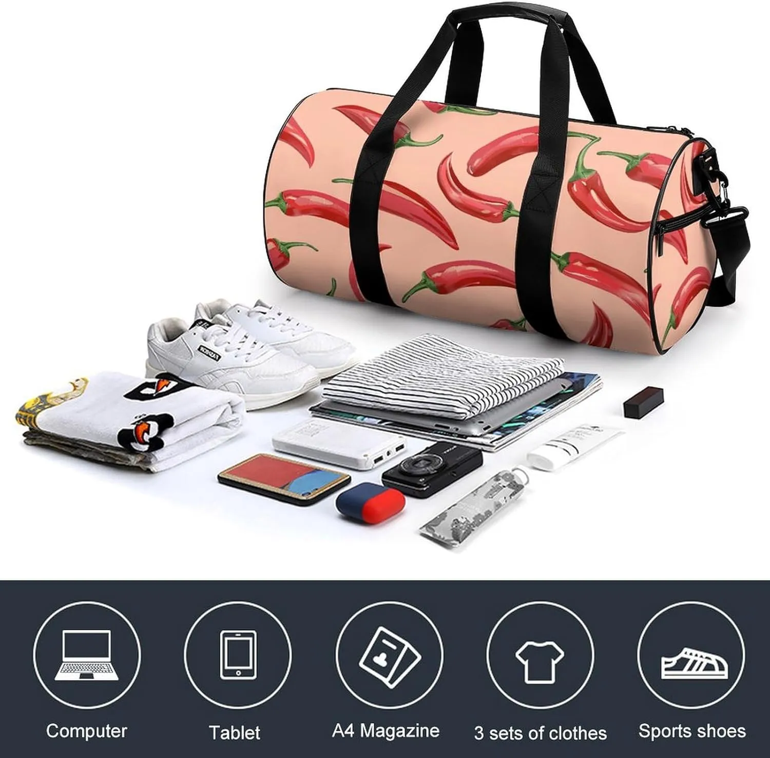 Travel Duffel Bag for Men And Women,Red Chili Pepper Pattern Waterproof Sports Fitness Bag Portable Travel Duffel Bag