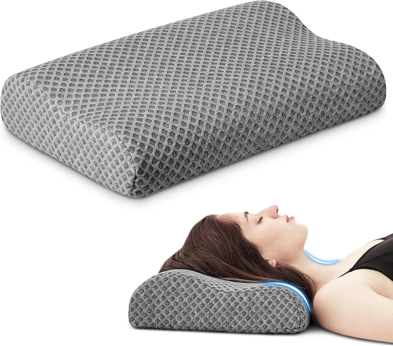 Travel Pillow Memory Foam Pillows, Ergonomic Wave Cervical Neck Pillow for Neck Pain Relief, Compressible Medium Firm Side Sleeper Pillow, Ideal for Camping, Office, Home & Bed (Dark Grey, S)