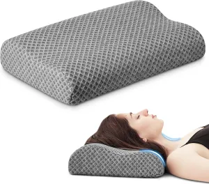 Travel Pillow Memory Foam Pillows, Ergonomic Wave Cervical Neck Pillow for Neck Pain Relief, Compressible Medium Firm Side Sleeper Pillow, Ideal for Camping, Office, Home & Bed (Dark Grey, S)