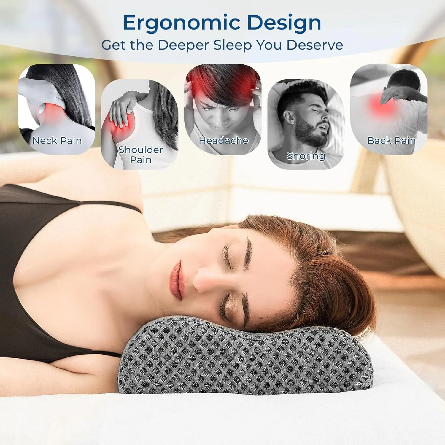 Travel Pillow Memory Foam Pillows, Ergonomic Wave Cervical Neck Pillow for Neck Pain Relief, Compressible Medium Firm Side Sleeper Pillow, Ideal for Camping, Office, Home & Bed (Dark Grey, S)