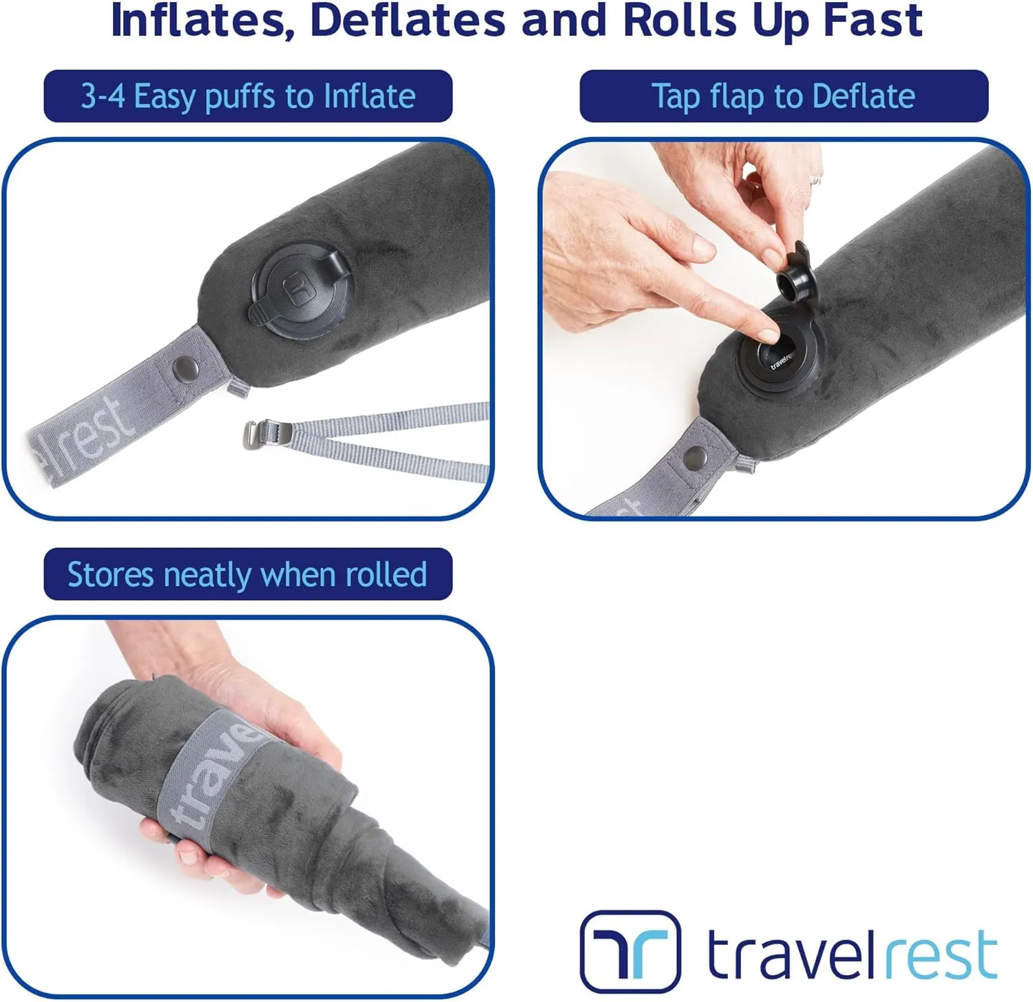 TRAVELREST All-in-One Neck & Body Pillow, Advanced Support Design, Travel Essential, Memory Foam Inserts, Inflatable, Airplane & Car Seat, Sleeping on Long Flight & Trips, Grey (Washable Velour Cover)