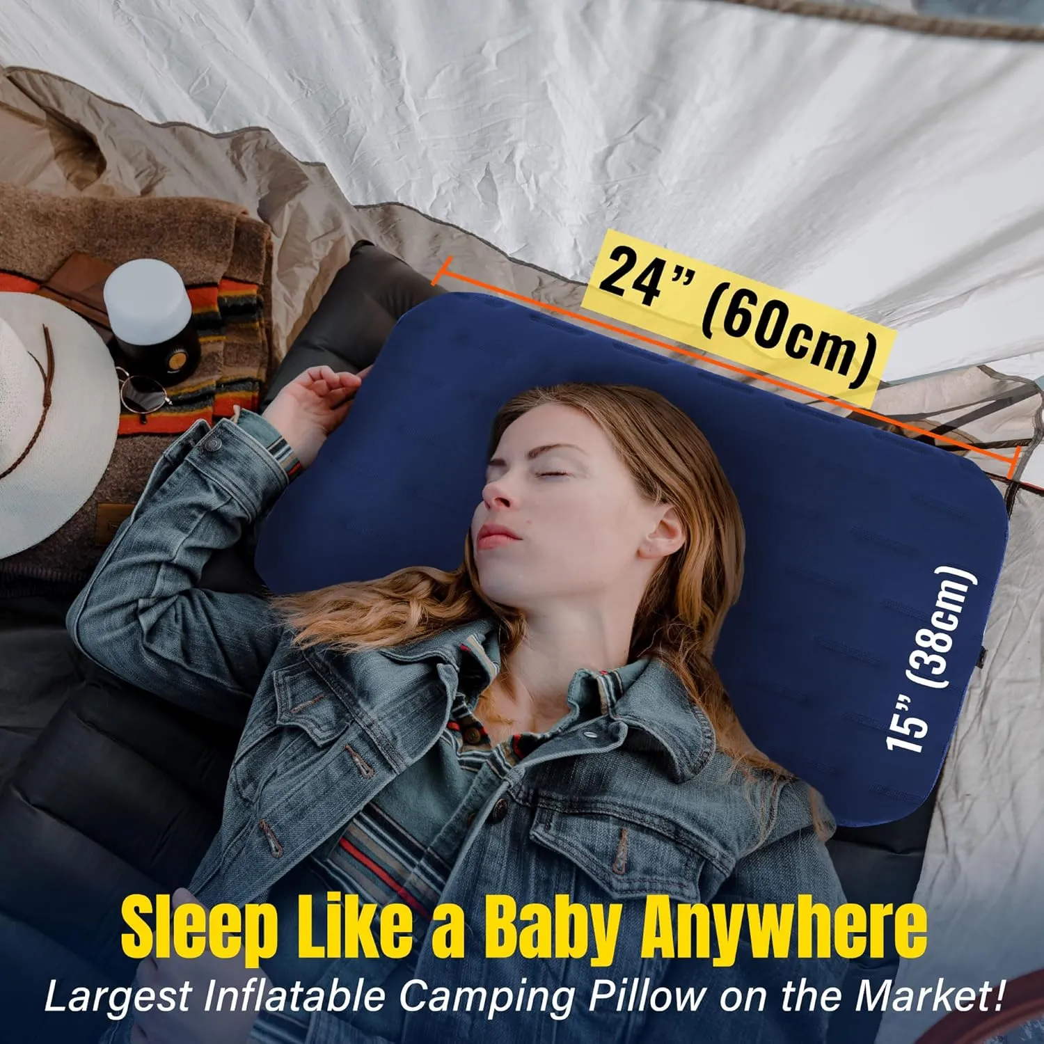 TREKOLOGY Camping Pillow - Large Inflatable (24"x15") for Home-Like Comfort, Portable & Ergonomic, Easy to Clean, Durable & Leak-Proof, Removable Strap for Secure Fit – ALUFT Ultra (Blue)
