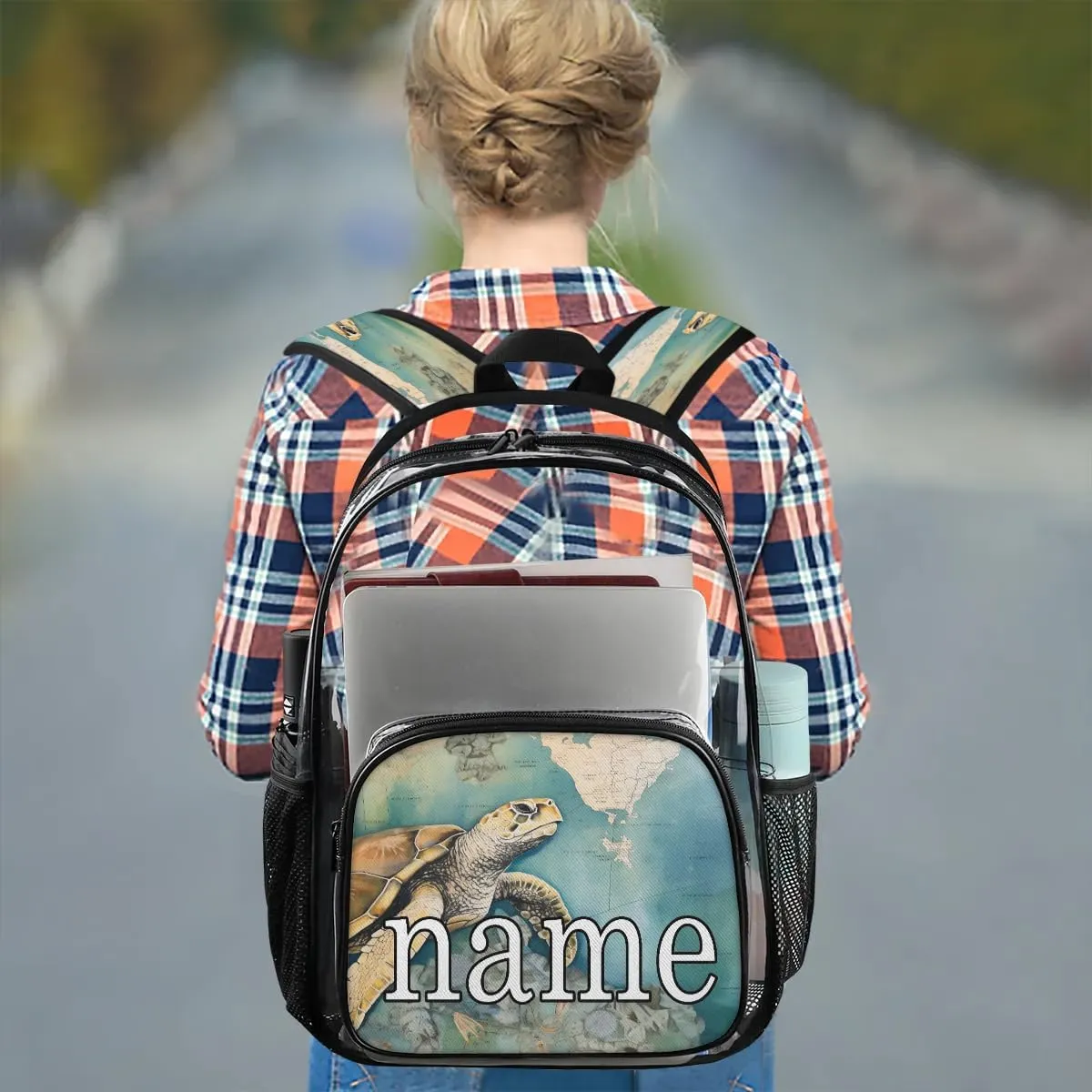Tropical Turtle Personalized Clear Backpack Custom Waterproof PVC Transparent Backpack with Name Heavy Duty Transparent Bag for Work Travel Concerts