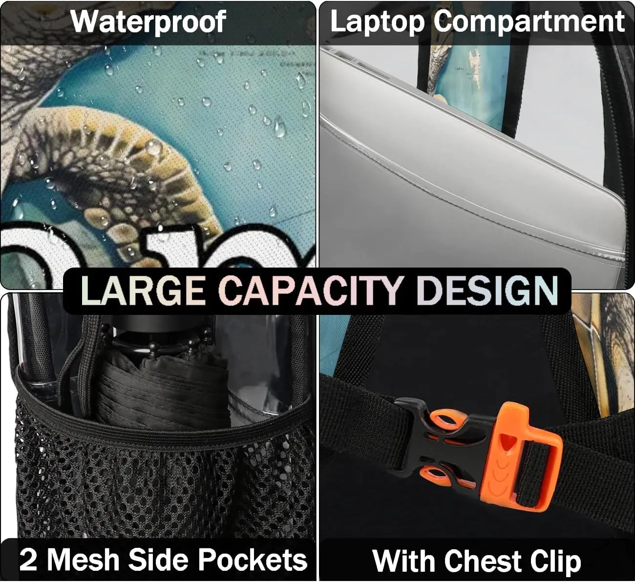 Tropical Turtle Personalized Clear Backpack Custom Waterproof PVC Transparent Backpack with Name Heavy Duty Transparent Bag for Work Travel Concerts