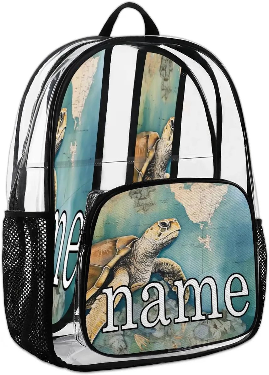 Tropical Turtle Personalized Clear Backpack Custom Waterproof PVC Transparent Backpack with Name Heavy Duty Transparent Bag for Work Travel Concerts