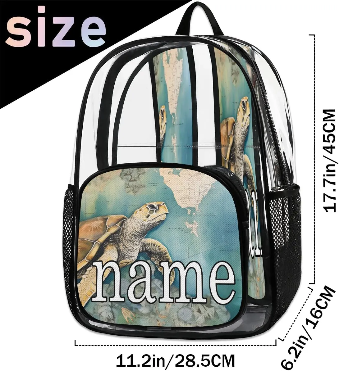Tropical Turtle Personalized Clear Backpack Custom Waterproof PVC Transparent Backpack with Name Heavy Duty Transparent Bag for Work Travel Concerts