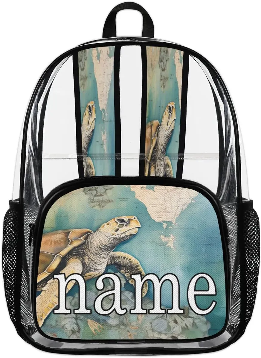 Tropical Turtle Personalized Clear Backpack Custom Waterproof PVC Transparent Backpack with Name Heavy Duty Transparent Bag for Work Travel Concerts