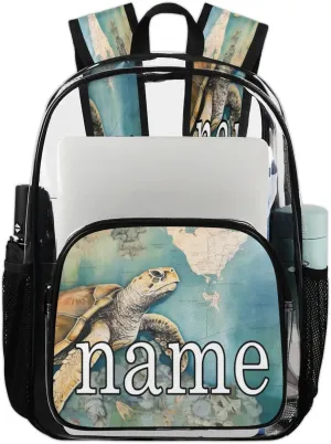 Tropical Turtle Personalized Clear Backpack Custom Waterproof PVC Transparent Backpack with Name Heavy Duty Transparent Bag for Work Travel Concerts