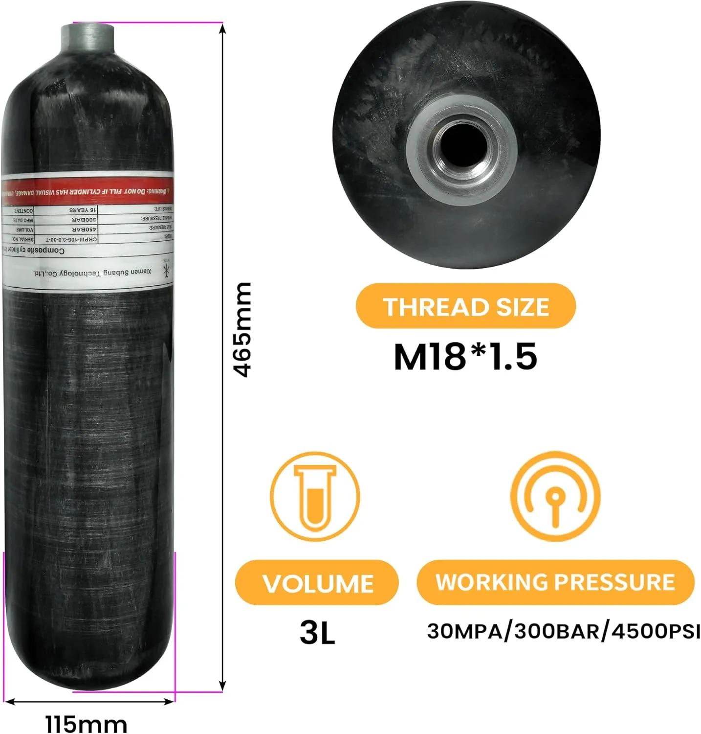 TUXING 3L 4500psi Carbon Fiber Air Tank（Empty Bottle & Paintball Fill Station with Valve Regulator Gauge for PCP Game