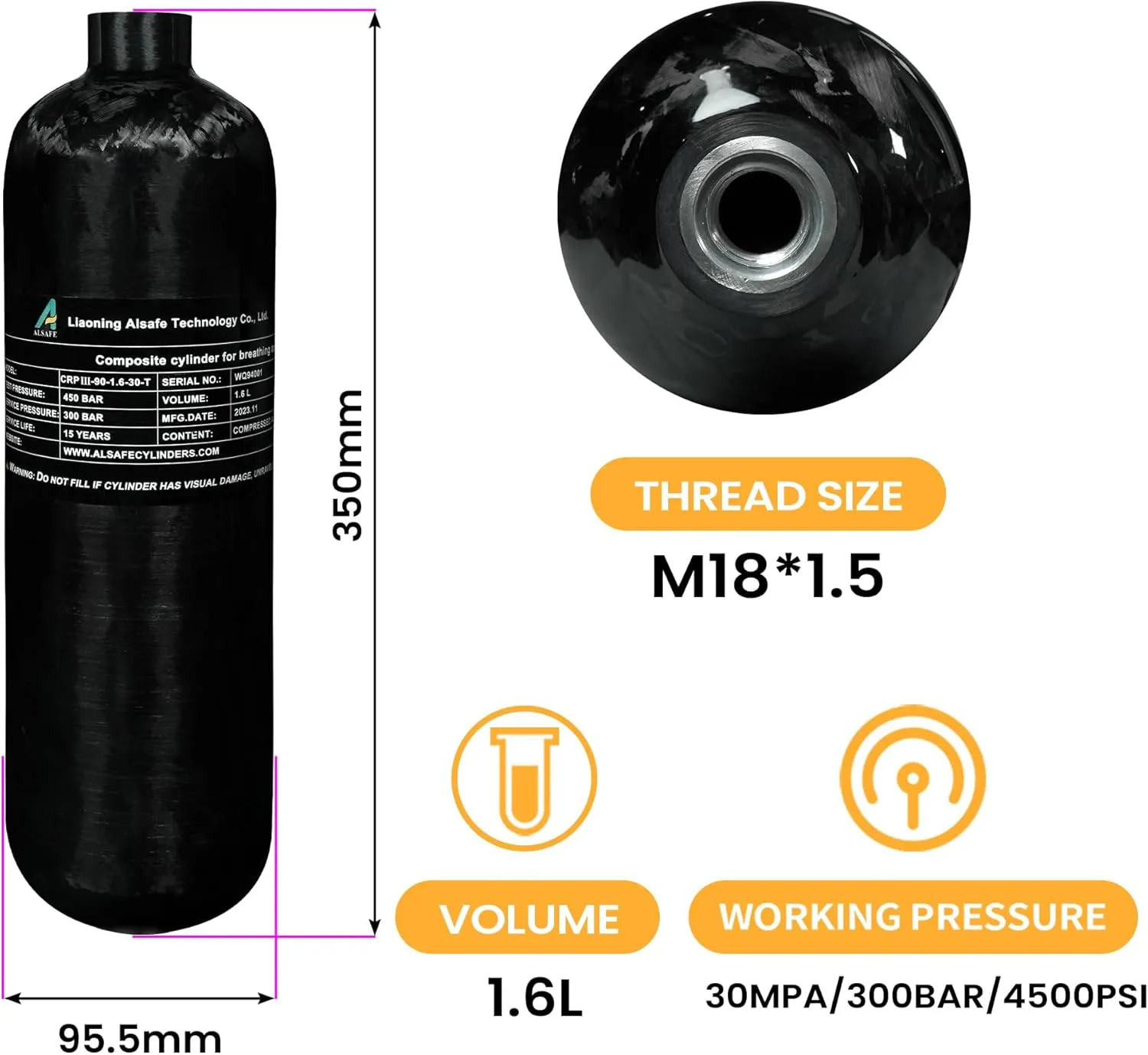 TUXING 4500Psi Pcp Air Tank 1.6L 98Cu in Carbon Fiber HPA Tank,Gas Cylinder,Paintball Hunting for PCP Air Rifle Gun Daystate and FX Thread M18 * 1.5