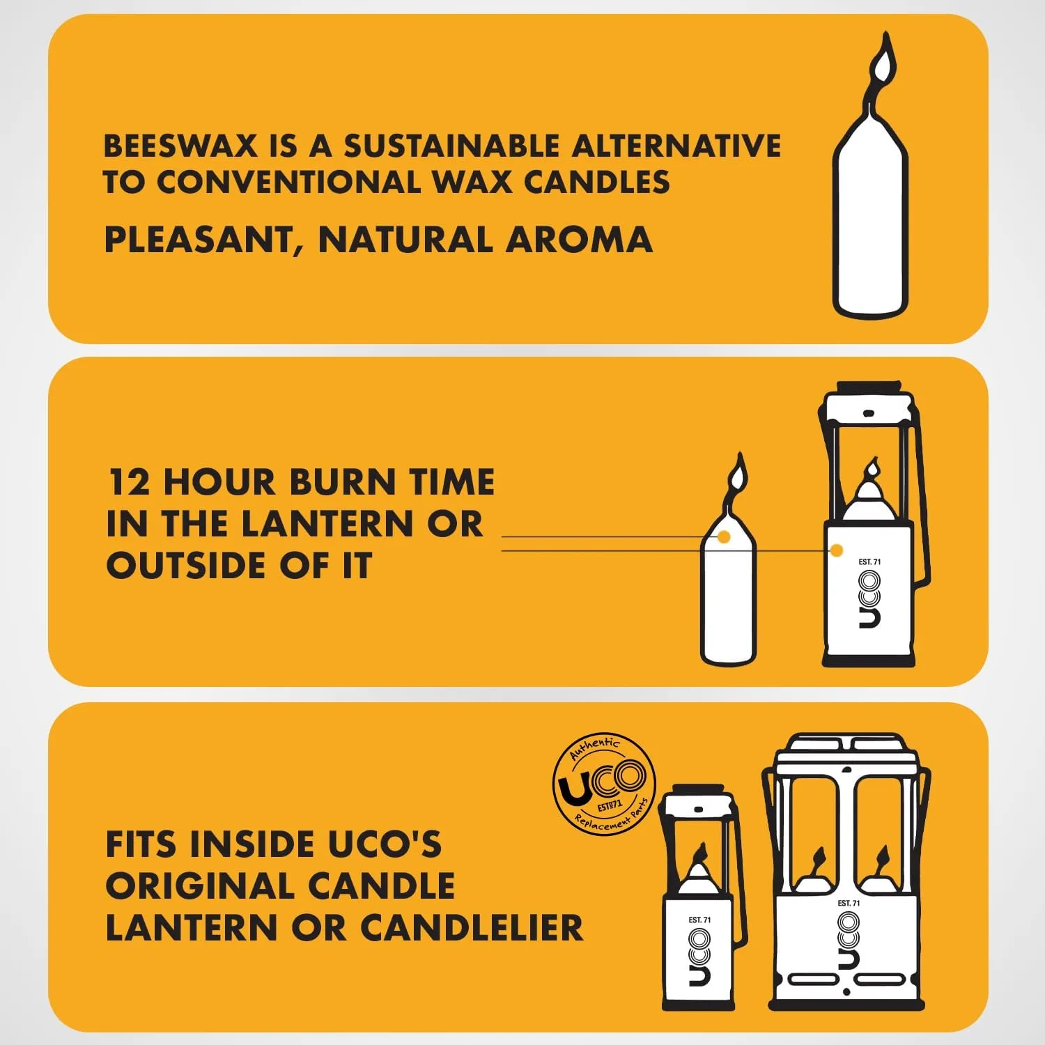 UCO 12-Hour Natural Beeswax Long-Burning Candles for UCO Candle Lanterns and Emergency Preparedness, Made in USA
