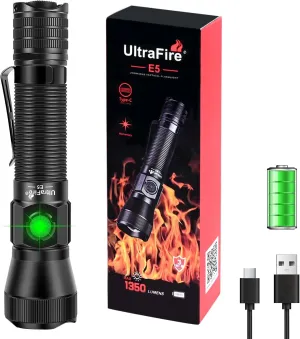 ULTRAFIRE E5 1350 High Lumens Tactical Flashlight Rechargeable, Bright Dual Switch Law Enforcement - Police Duty LED Flashlight, Zoomable for Night Patrol, Camping and Emergency Use