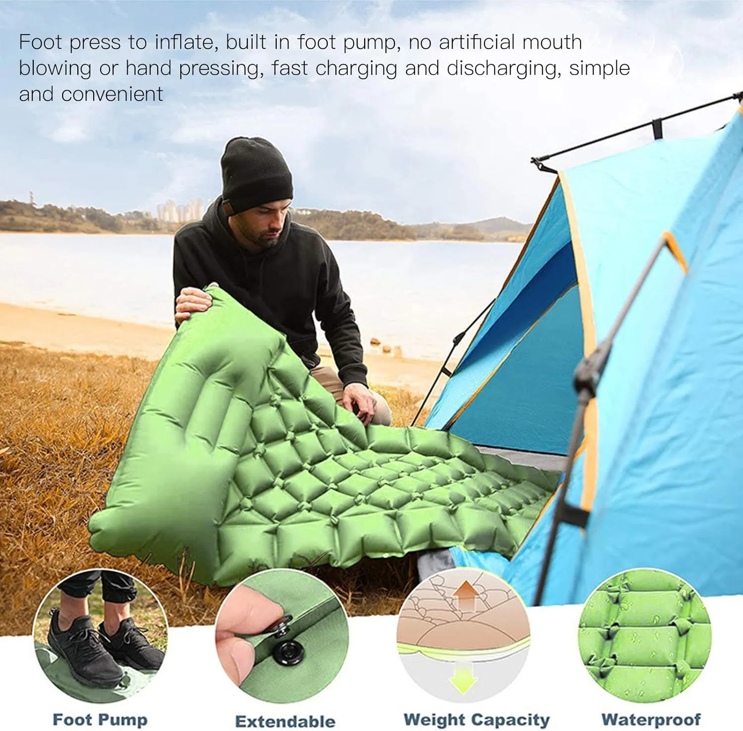 Ultralight Double Sleeping Pad, Inflatable Camping Mattress, Portable Self Inflating Sleeping Mat with Pillow, Waterproof Camping Couch for Hiking, Traveling and Backpacking (Color : Green)