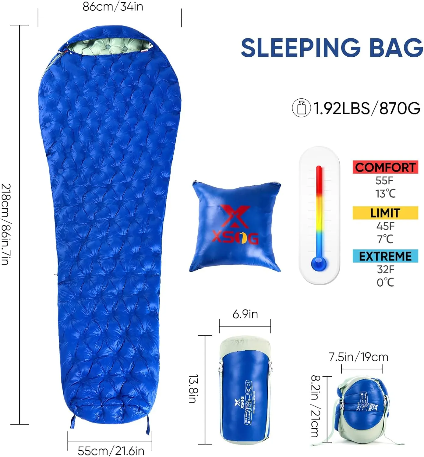 Ultralight Down Sleeping Bag for Adults, 1.92lbs 32-55F 650 Fill Down, Lightweight Compact Mummy Backpacking Sleeping Bag for Outdoor Camping and Hiking, Compressible -MFH500
