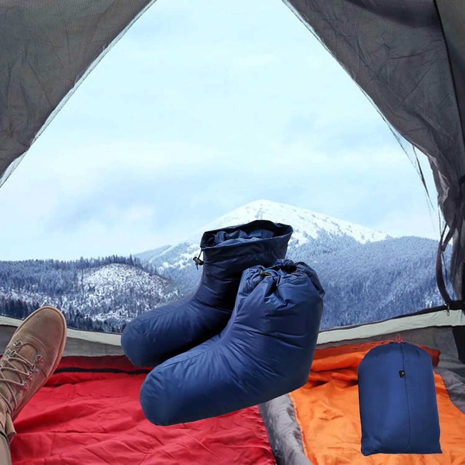 Ultralight Winter Down Booties Socks Slipper Boots with Storage Bag - Anti Slip Windproof Soft Cozy Foot Warmer Sleeping Socks for Camping Backpacking Skiing Bedroom