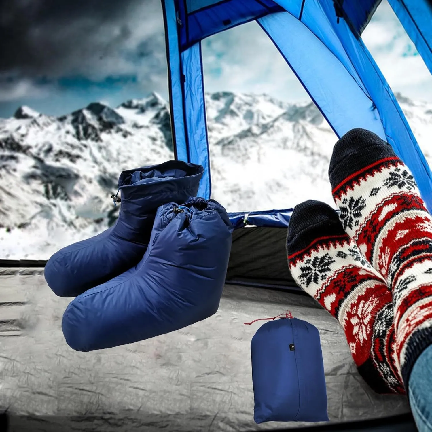 Ultralight Winter Down Booties Socks Slipper Boots with Storage Bag - Anti Slip Windproof Soft Cozy Foot Warmer Sleeping Socks for Camping Backpacking Skiing Bedroom