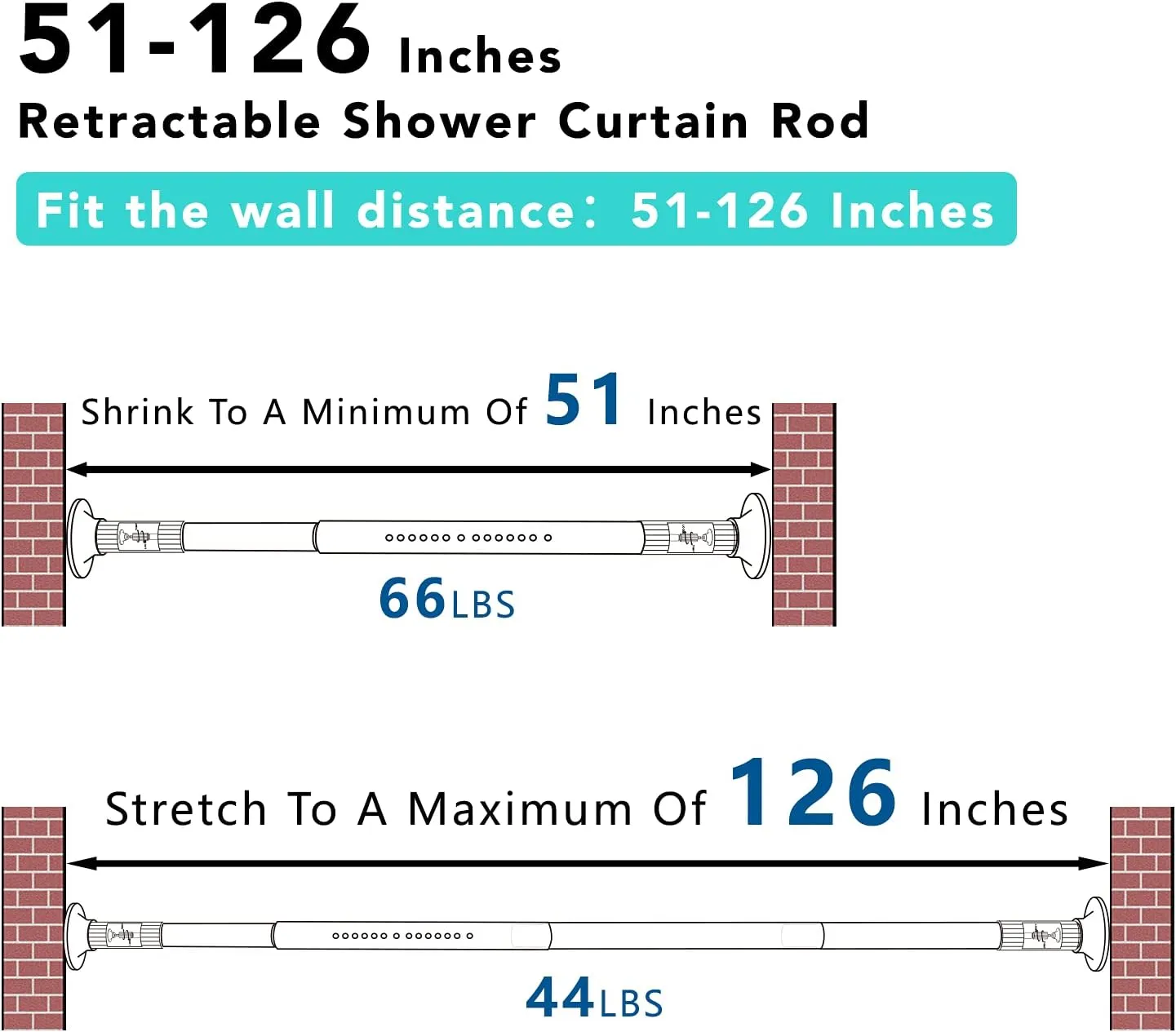 Umimile Tension Curtain Rod, 51-126 inches Adjustable Spring Shower Tension Curtain Rod, Stainless Steel Closet Rod for Windows or Shower, No Drilling, No Rust, Easy to Install, White