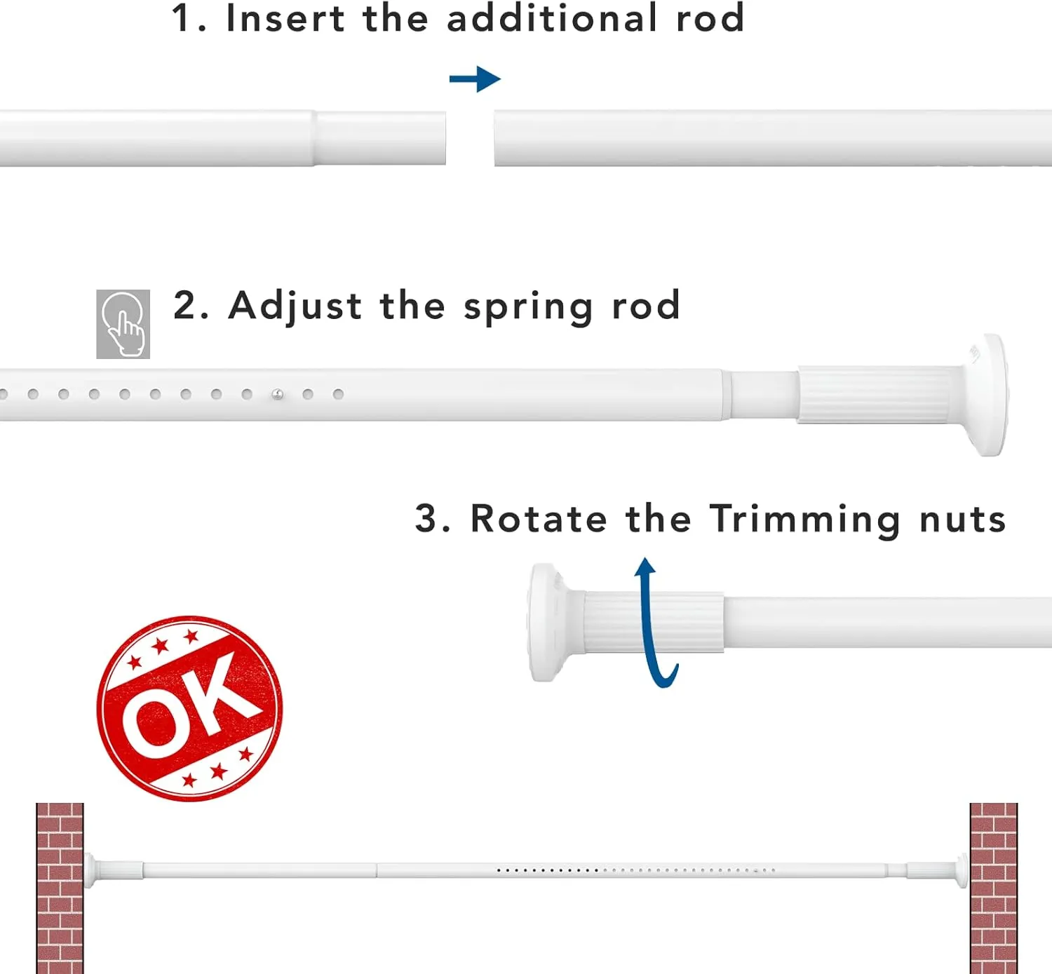 Umimile Tension Curtain Rod, 51-126 inches Adjustable Spring Shower Tension Curtain Rod, Stainless Steel Closet Rod for Windows or Shower, No Drilling, No Rust, Easy to Install, White