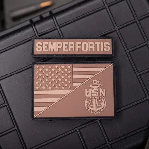 United States Navy Patch Set - United States Flag Navy Patch - Semper Fortis PVC Morale Patch - Hook Backed by NEO Tactical Gear (FDE)