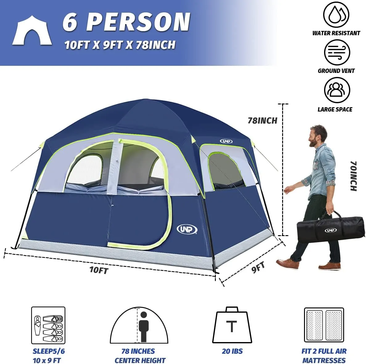 UNP Tents 6 Person Waterproof Windproof Easy Setup,Double Layer Family Camping Tent with 1 Mesh Door & 5 Large Mesh Windows -10'X9'X78in(H)